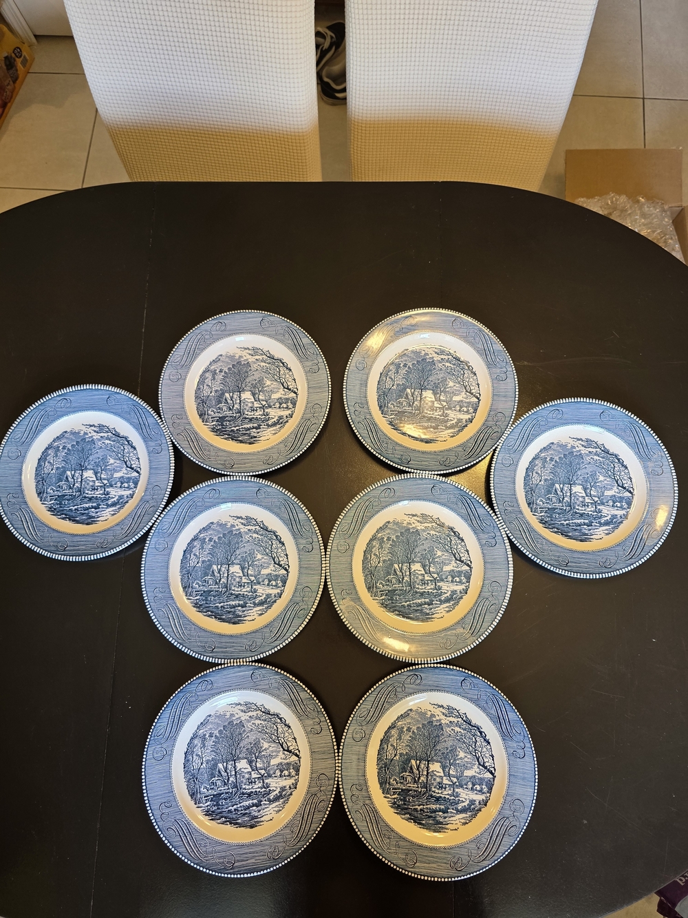 VTG Royal Currier & Ives Old Grist Mill Blue/White Dinner Plates 10" Set of 8